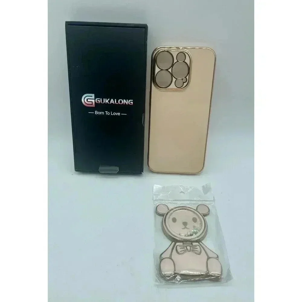 Glitter Bear Kickstand‎ W/Mirror Case For iPhone 15 Pro 6.1” Pink Gold Trim